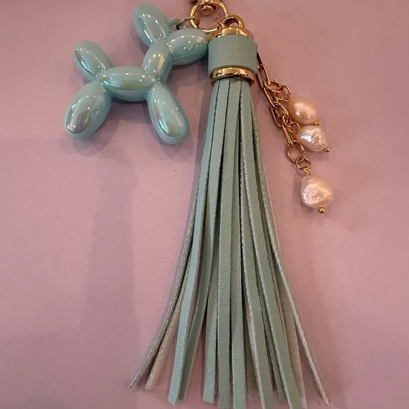 Aqua Balloon Dog Tassel Keychain with Faux Pearls & Gold Hardware –One of A Kind - Picture 9 of 9